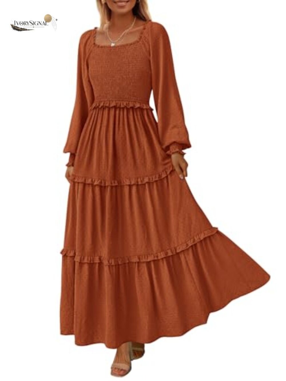 Women's Smocked Long Sleeve Maxi Dress Swiss Dot Fit & Flare